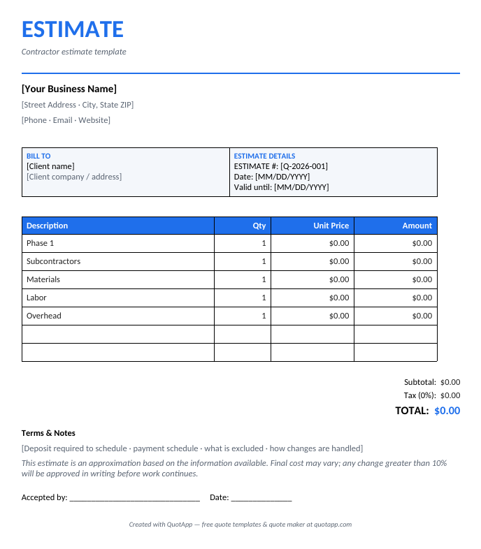 Contractor estimate template preview — itemized estimate with industry line items
