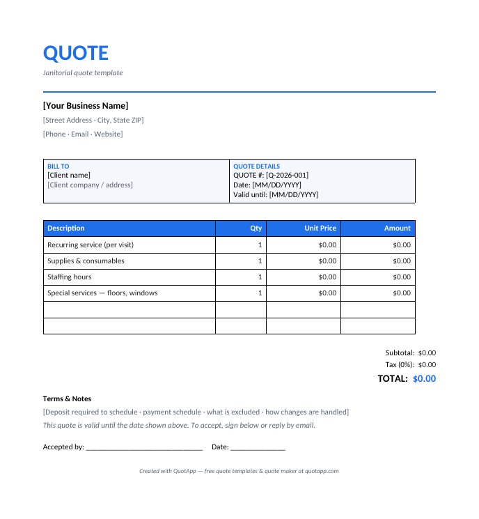 Janitorial quote template preview — itemized quote with industry line items
