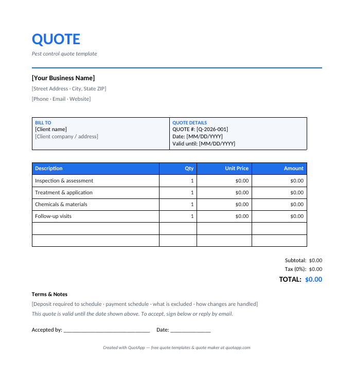 Pest Control quote template preview — itemized quote with industry line items