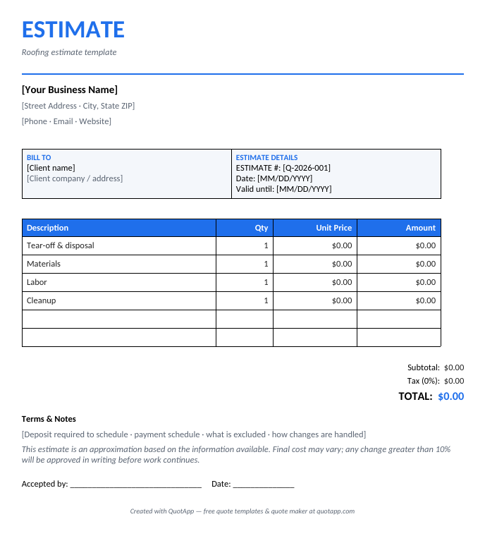 Roofing estimate template preview — itemized estimate with industry line items