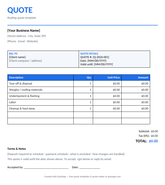 Roofing quote template preview — itemized quote with industry line items