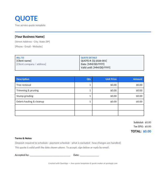 Tree Service quote template preview — itemized quote with industry line items