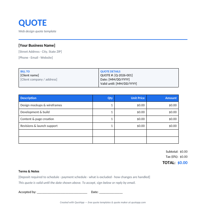 Web Design quote template preview — itemized quote with industry line items